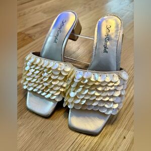 Jeffrey Campbell Fishy Sequin Sandals Cream Gold Combo
